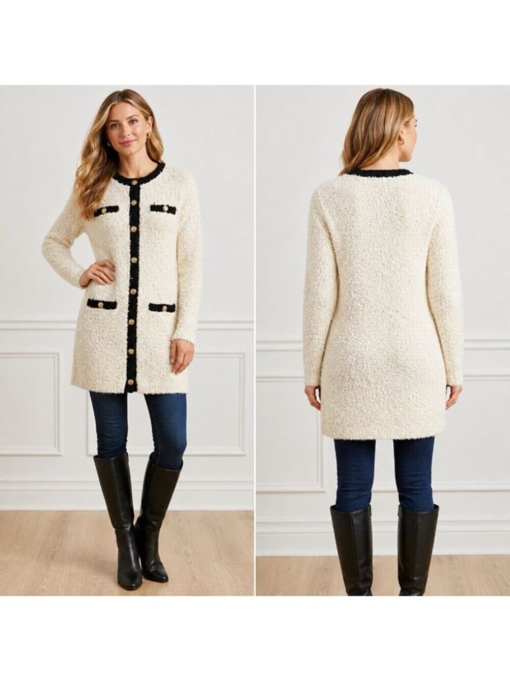 J.Crew Women’s S Ivory Bouclé Long Cardigan Sweater Gold Buttons NWT Black Trim